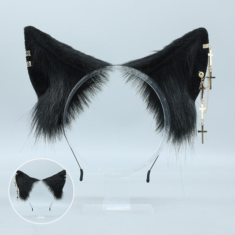 TTYAO REII TTYAO REII Black Animal Ears Headband Fluffy Cat Ears Headband Cat Ears and Tail Set for Cosplay Costume Headdress (Black)