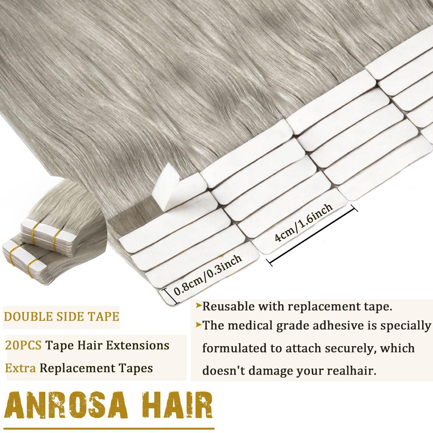 Anrosa Anrosa Invisible Tape in Hair Extensions Human Hair Straight Remy Real Human Hair Extensions Virgin Human Hair Extensions Tape in Grey 14 Inch 50g 20pcs