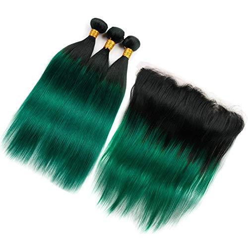 Tony beauty hair Tony Beauty Hair Dark Green Ombre Straight Hair Weave Bundles with Frontal Dark Roots #1B/Green Ombre Brazilian Human Hair 3 Bundles with 13x4 Lace Frontal Closure 4Pcs Lot (16 18 20+16)