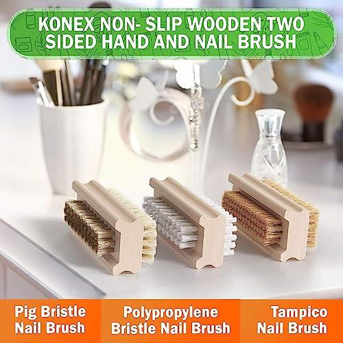 KONEX Konex Non-Slip Wooden Two-sided Hand and Nail Brush - Stiff Bristle Fingernail Brushes for Cleaning Under Nails - Heavy Duty Fingernail Brush for Manicure and Automotive Use - 2 Pack