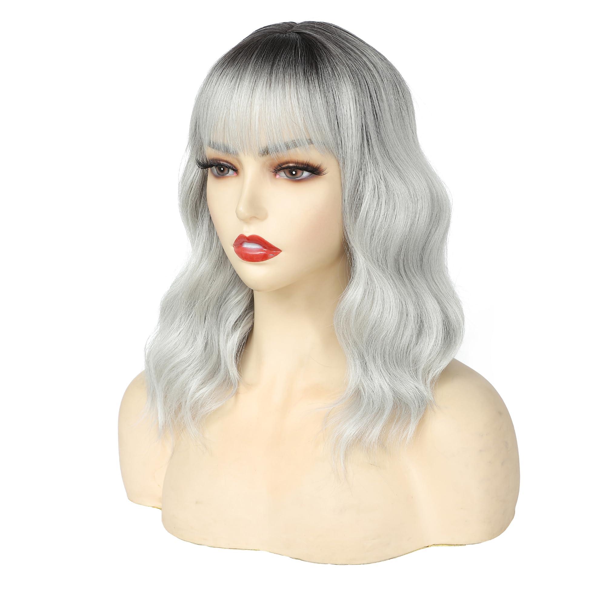 Miuric Miuric Short White Silver Wig with Bangs Ombre Grey Wigs for Women Girls Wavy Bob Wig Shoulder Length Synthetic Hair Dark Roots Wig for Halloween Cosplay Party Daily(14 Inches)