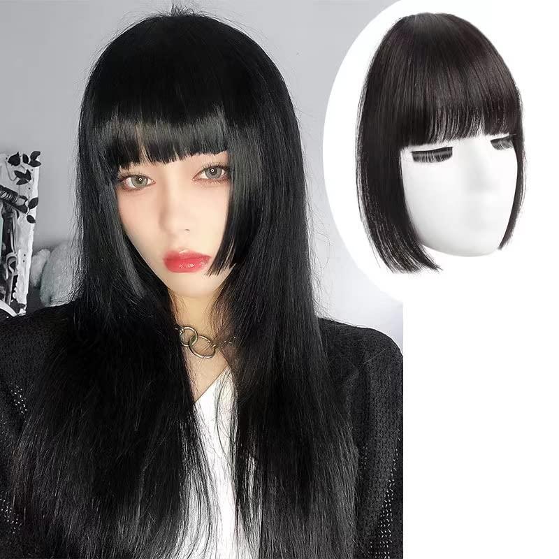VAVANGA VAVANGA Clip in Bangs Straight Synthetic Black Hair Princess Cut Bangs Hair Piece Fringe with Temples Flat Neat Bangs Hair Extension Clip on Bangs for Women(1B#-HL02, 10")