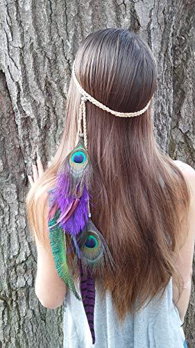 Suoirblss Indian Princess Feather Tassels Headband Boho Chic Peacock Feather Hair Band Romany Hippie Headdress Adjustable Length Handmade for Girls Women Lady