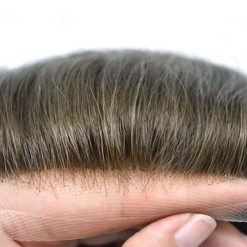 Generic Toupee For Men French Lace Front Bleached Knots Mens Toupee Natural HaIrline Breathable Human Hair System For Men (8\"x10\", 7 Very Light Brown-100% density)