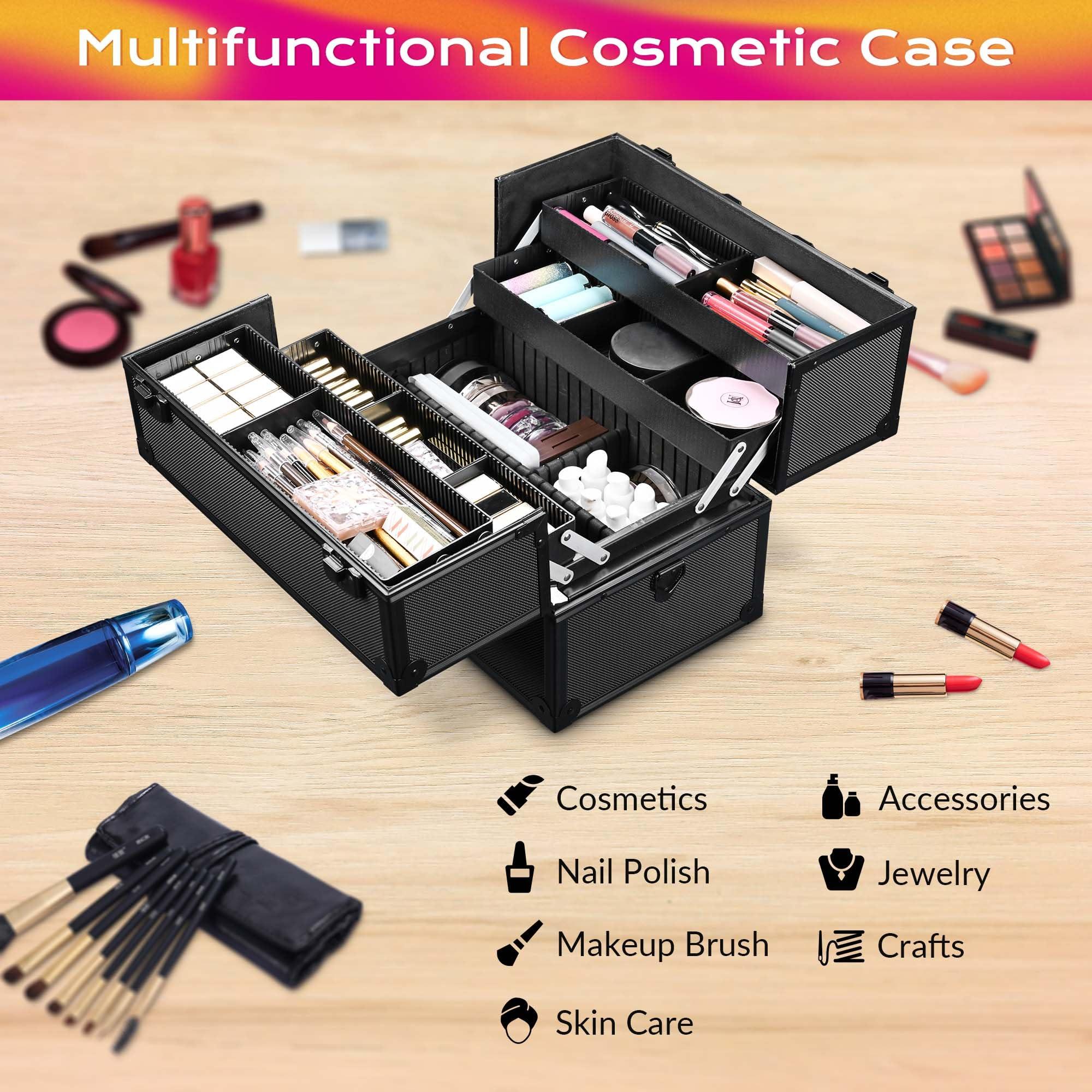 BYOOTIQUE BYOOTIQUE Makeup Train Case Pro Adjustable 4 Sliding Trays Cosmetic Case Storage Organizer Box Lockable Compartments 14 Inch Salon Beauty Large, Black