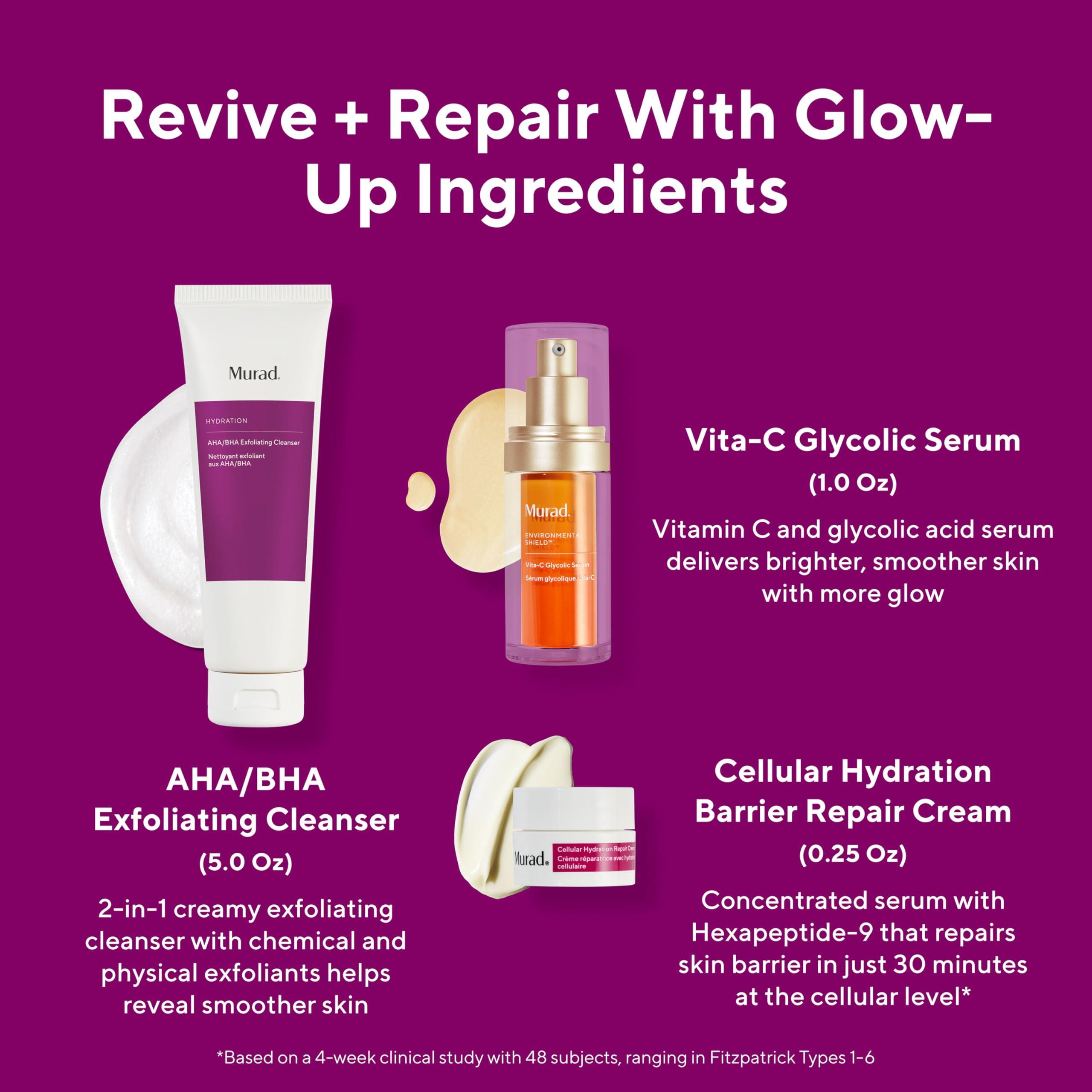 Murad Murad Revive + Repair w/ Glow Up Ingredients - 3-Piece Set ($135 Value) - Regimen for Total Skin Health - AHA/BHA Cleanser 5.0Fl Oz, Glycolic Serum 1.0Fl Oz, Cellular Hydration Cream 0.25Fl Oz