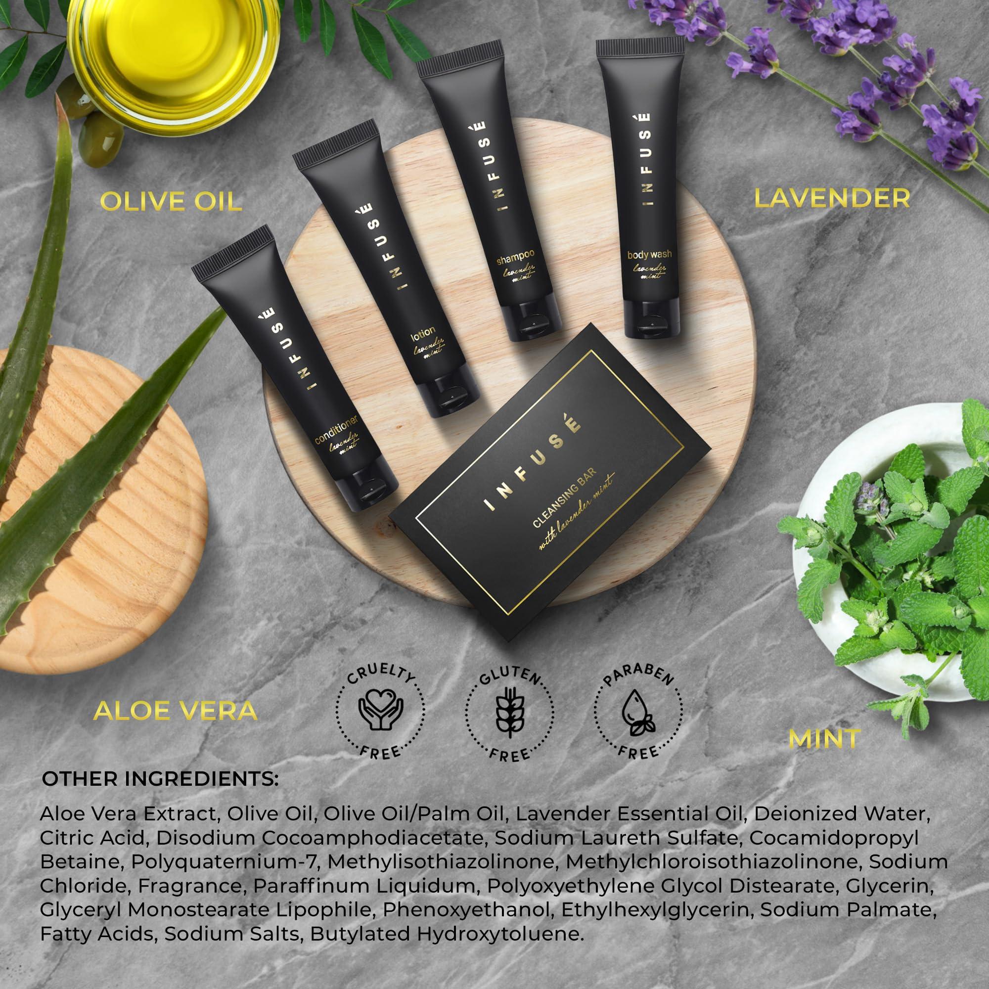 INFUS Infuse Black Amenity Kit | Boxed Hotel Toiletries | Bulk Set 1 oz Travel Size Shampoo, Conditioner, Lotion, Body Wash & Cleansing Bar for Guest Hospitality AirBnB/Vacation Rentals | 75 Pieces