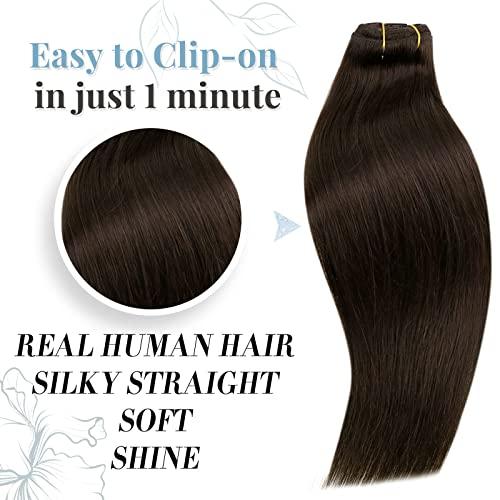 RUNATURE RUNATURE Dark Brown Clip in Hair Extensions Short 12 Inch Dark Brown Human Hair Clip in Extensions Full Head Brown Clip in Human Hair Extensions 80g 7pcs Straight Brunette Hair Extensions