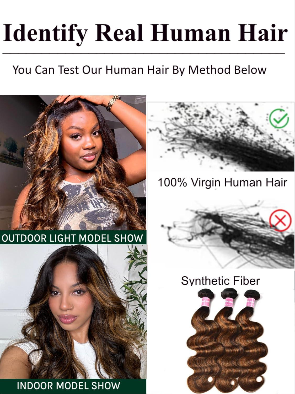 KLAIYI KLAIYI Ombre Brown Highlight Body Wave Human Hair Extensions 3 Bundles of 14 16 18Inch Balayage Honey Blonde Virgin Hair Weaves for Women Double Wefts Wavy Remy Hair with Dark Roots Sew In Piano Color