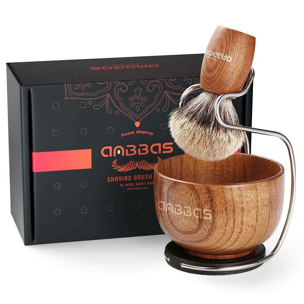 Anbbas Anbbas Shaving Set, Pure Badger Hair Shaving Brush Wood Handle and Large Soap Bowl with Stainless Steel Shaving Stand 3IN1 Kit for Men