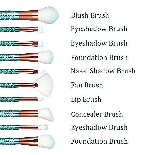 boniss Boniss Mermaid Makeup Brushes set Synthetic Fiber Hair 10Pcs Makeup Brush Kit with Bag Foundation Powder Eyeshadow Eyeliner Blending Blush Lip Concealer Fan Brush Face Cosmetic Tools (Purple blue)