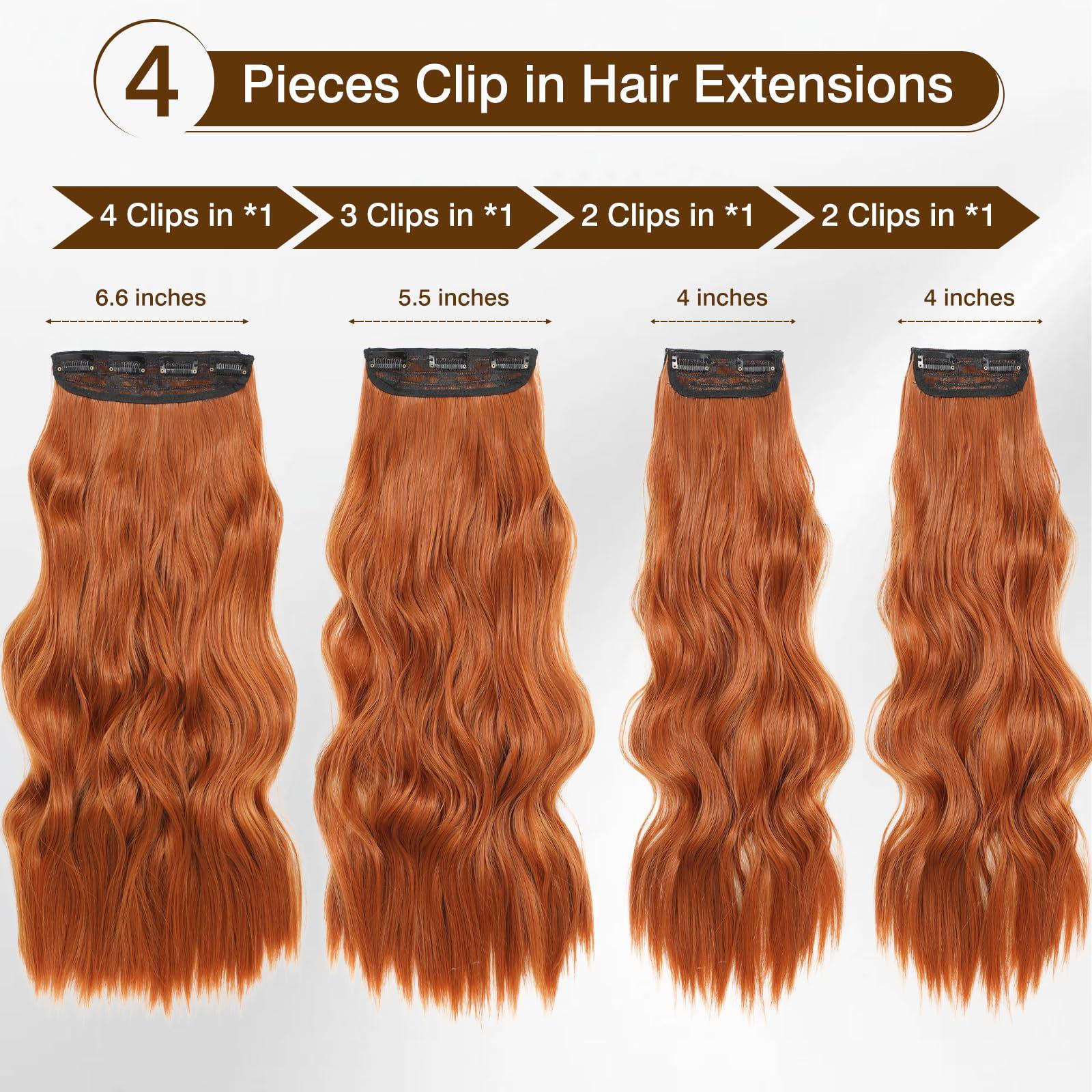 HaEver Clip In Long Wavy Synthetic Copper Red Hair Extensions 4PCS Thick and Lightweight Clip in Hair Extensions Fiber Hairpieces for Women 24inch