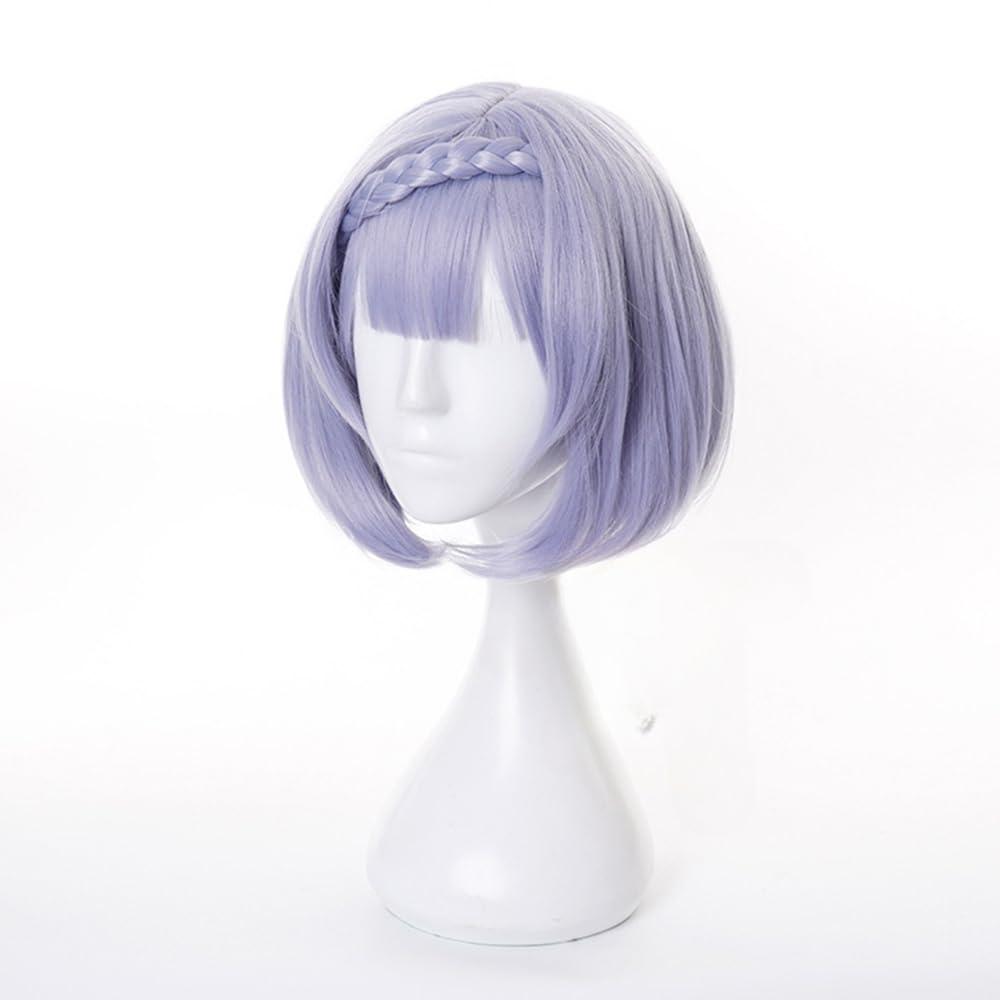 TO KU TOO YUO TO KU TOO YUO Wig for Game Light Purple Hair Wig Short Bob Wig with Bangs Straight Wig with Braid Heat Resistant Wig Role Play Halloween Wig