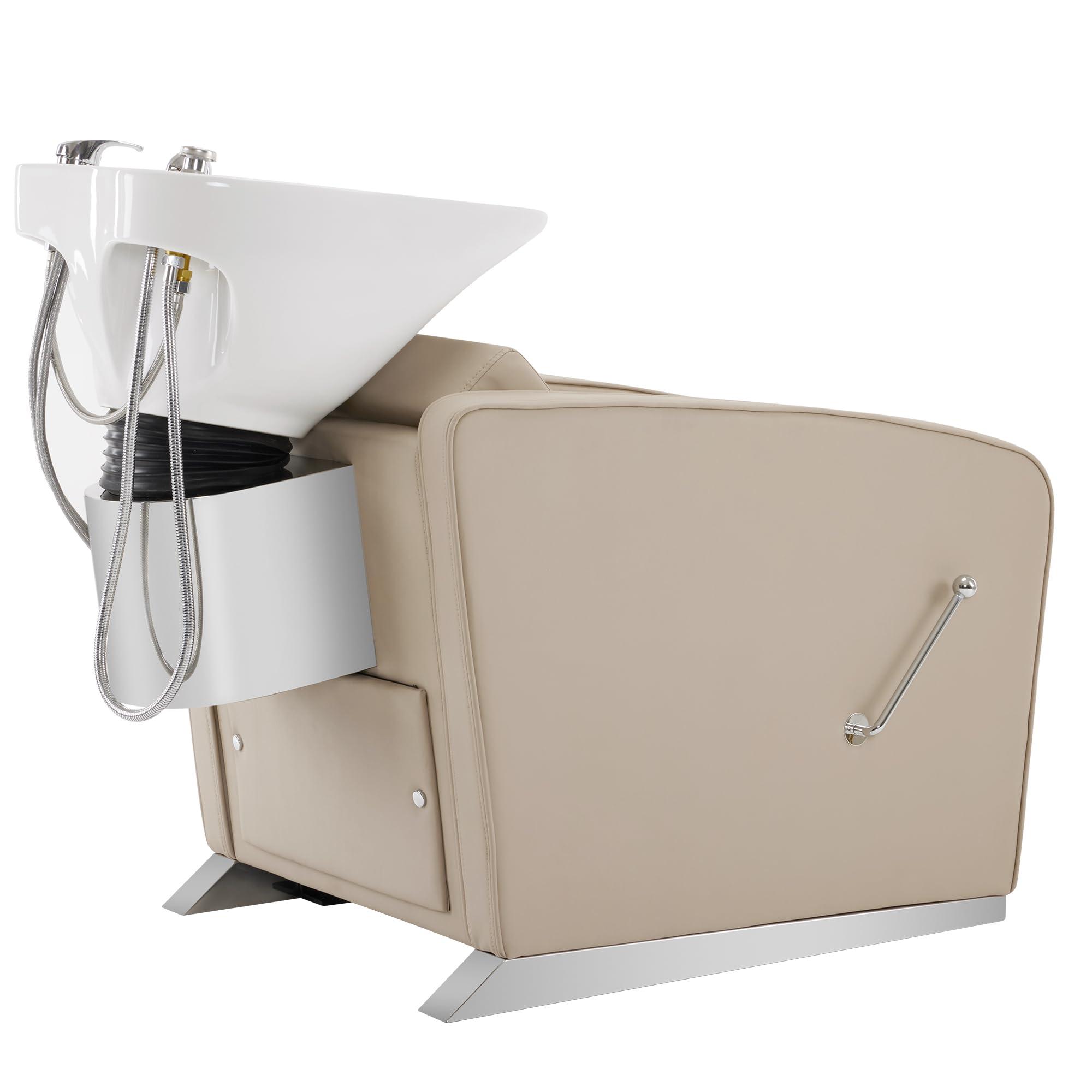 BarberPub BarberPub Backwash Shampoo Station Chair, Adjustable Porcelain Ceramic Hair Wash Bowl Sink Unit Station, Reclining Shampoo Station Chair for Spa Beauty Salon Hair Salon Equipment 9303 (Beige)