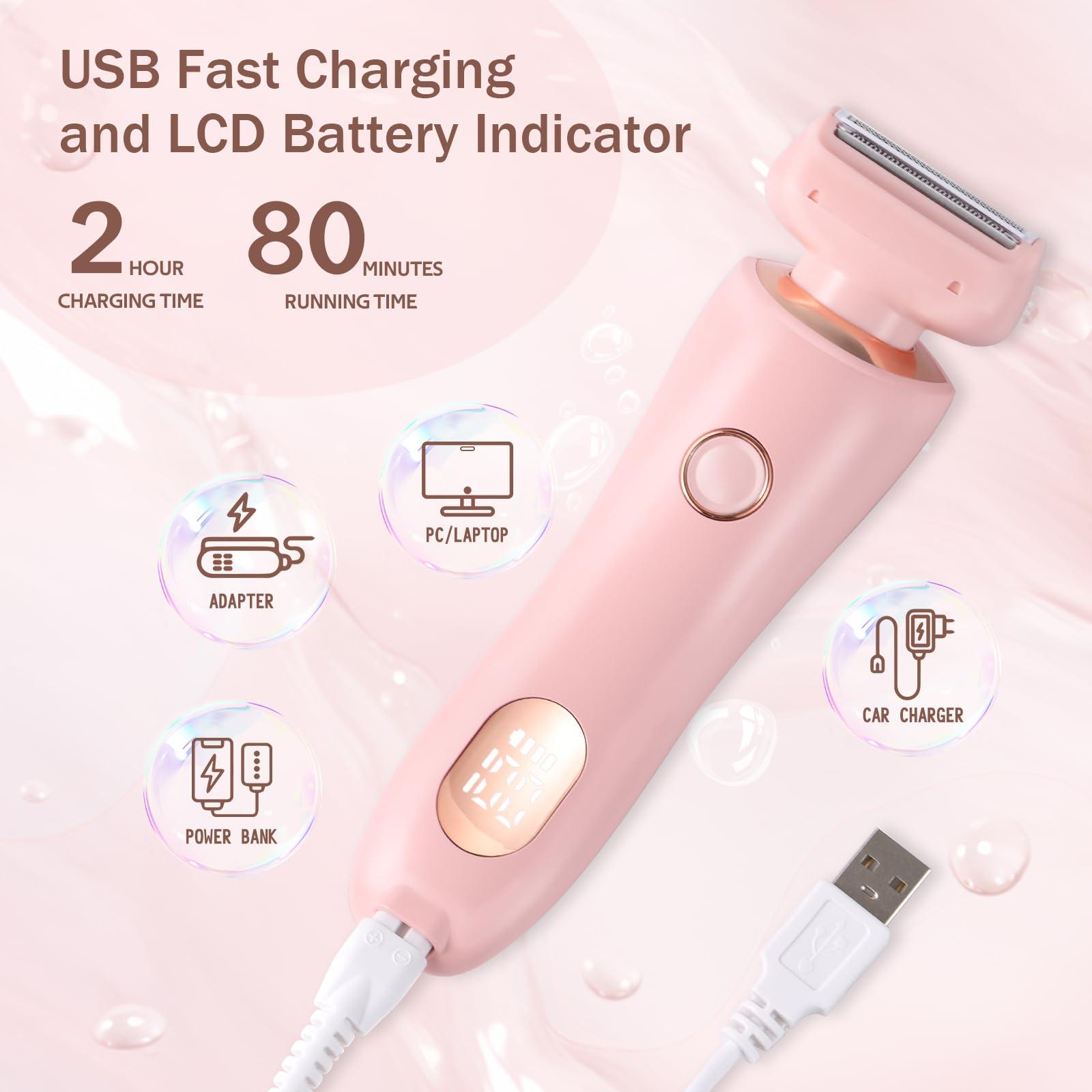 Boderi Electric Razors Shaver for Women, 2 in 1 Women Electric Razor for Leg Arm Face Pubic Area, Cordless Bikini Trimmer Hair Removal Portable Electric Shaver for Travel