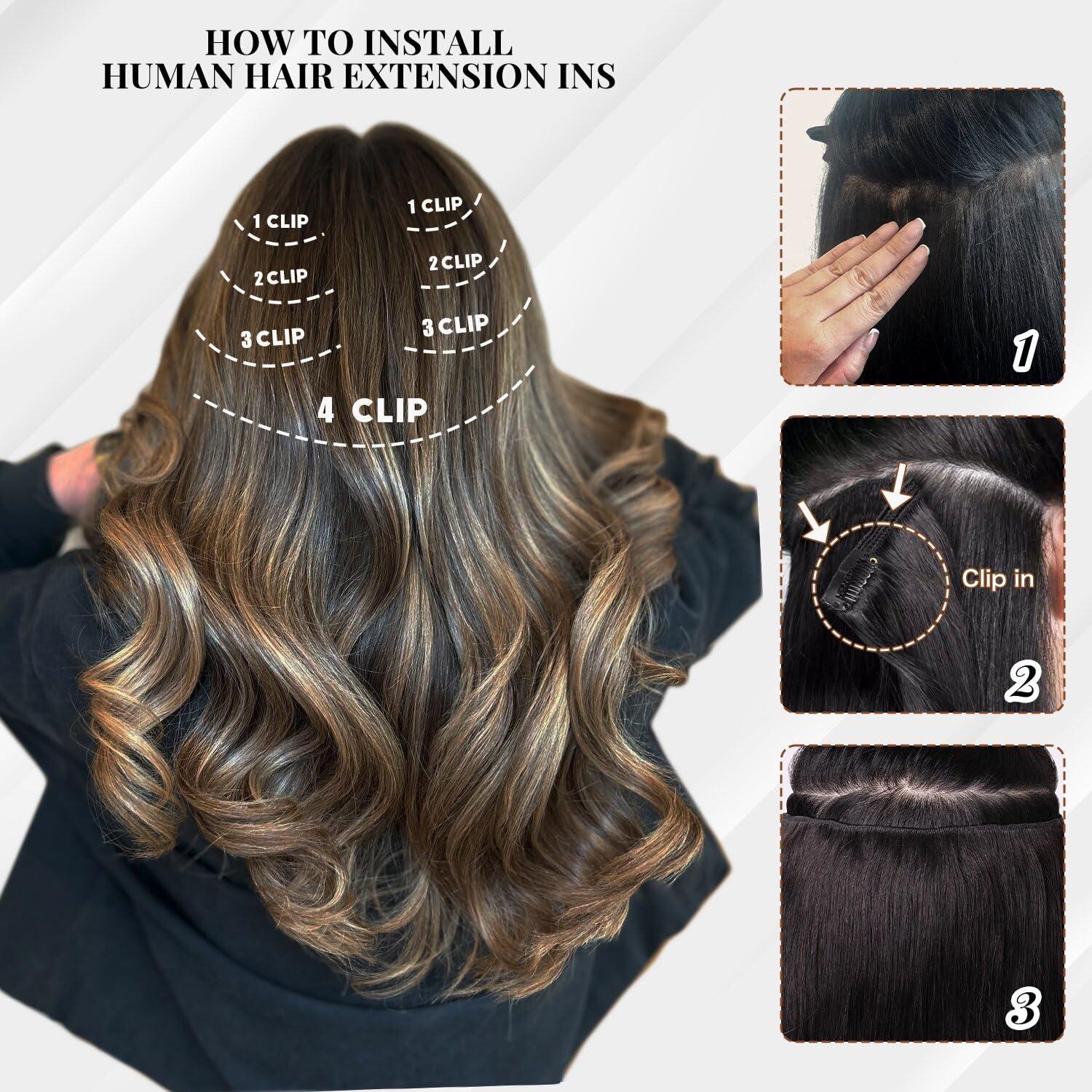 Houlud Highlight Clip in Hair Extensions Real Human Hair 14 Inch 7pcs 120g Brown Black Remy Human Hair Extensions 16 Clips Ins Seamless Double Weft Straight Human Hair Clip In Hair Extensions for Woman