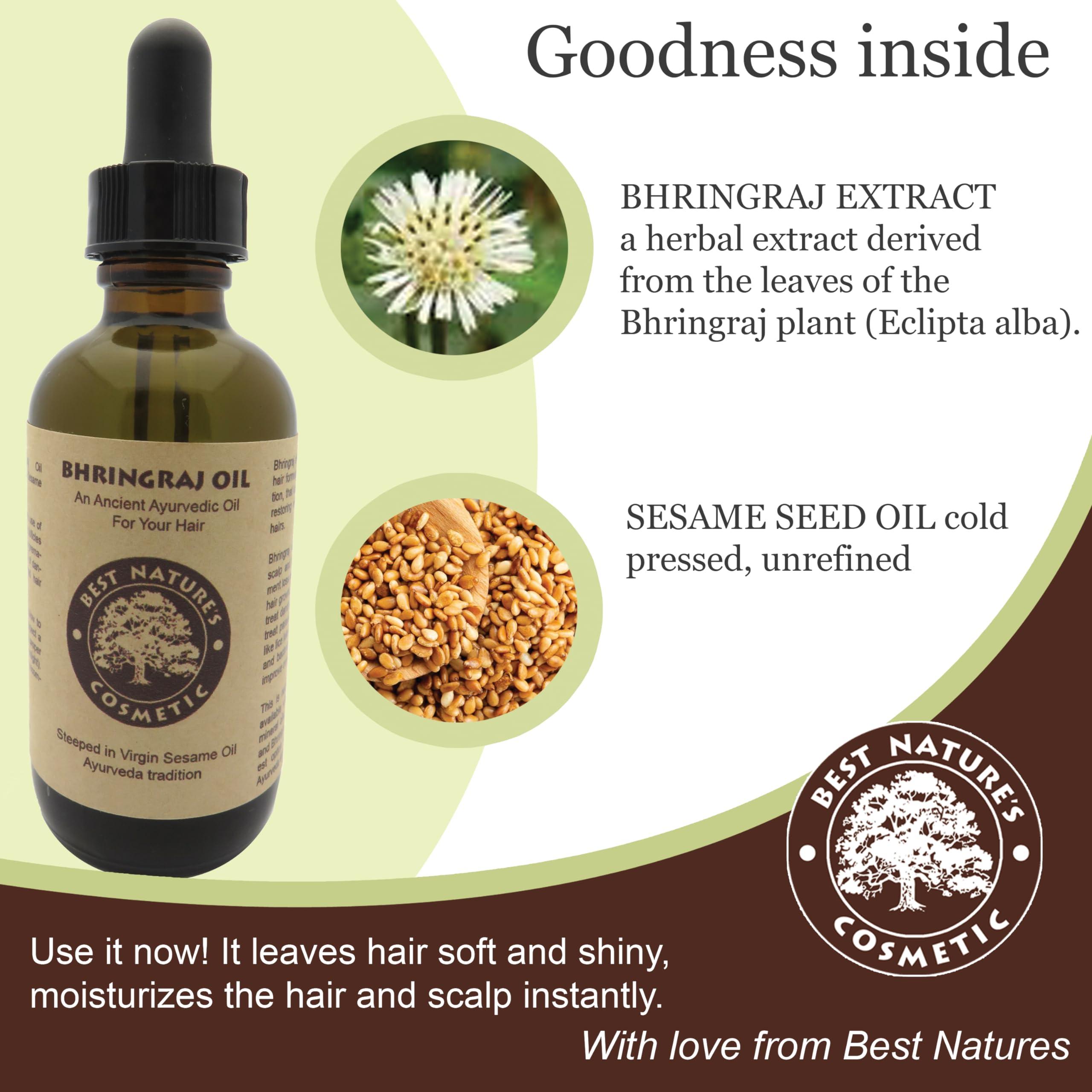 Best Nature's Cosmetics Best Natures Bhringraj Oil, Indian Eclipta Alba Oil, Pure and Natural, Cleans scalp, Improve overall appearance of hair. Goodbye Dandruff, For Graying, Hello Luminously shiny hair / 2 fl oz