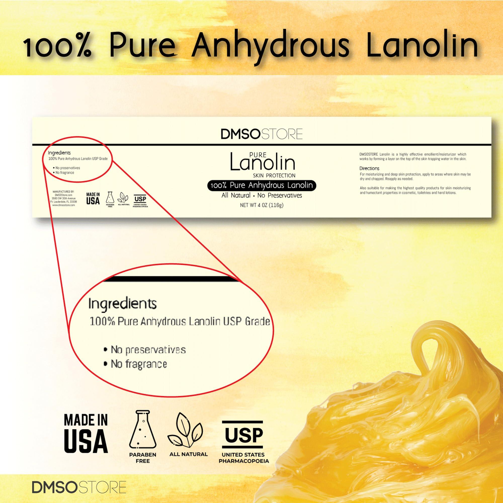 DMSOSTORE Lanolin 1 lb. Pure 100% USP grade. Skin protectorate and moisturizer that delivers deep hydration and nourishment, excellent as a nipple cream. Made by DMSO Store