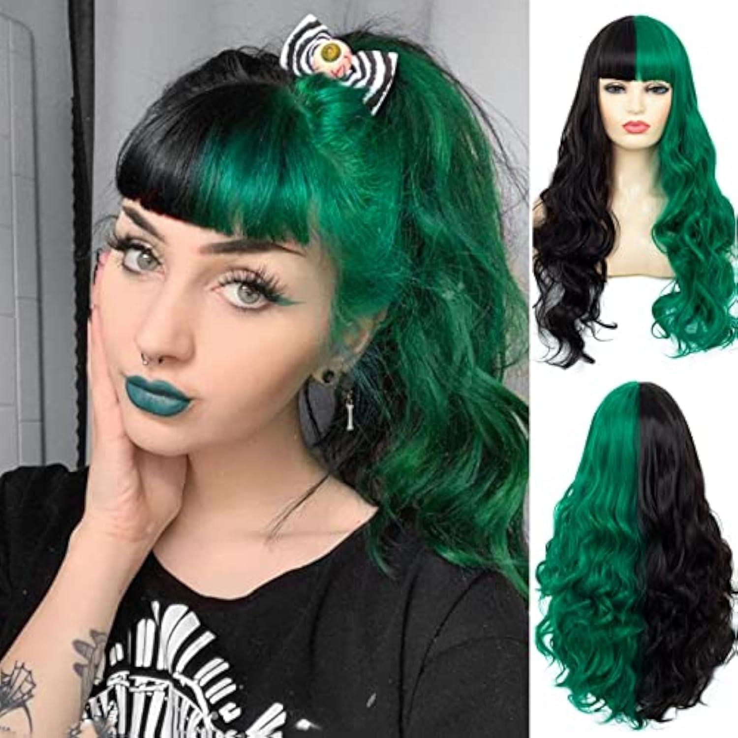 Baruisi Baruisi Half Black Half Green Wig Long Curly Wavy Black Green Synthetic Heat Resistant Costume Cosplay Bangs Wig for Women