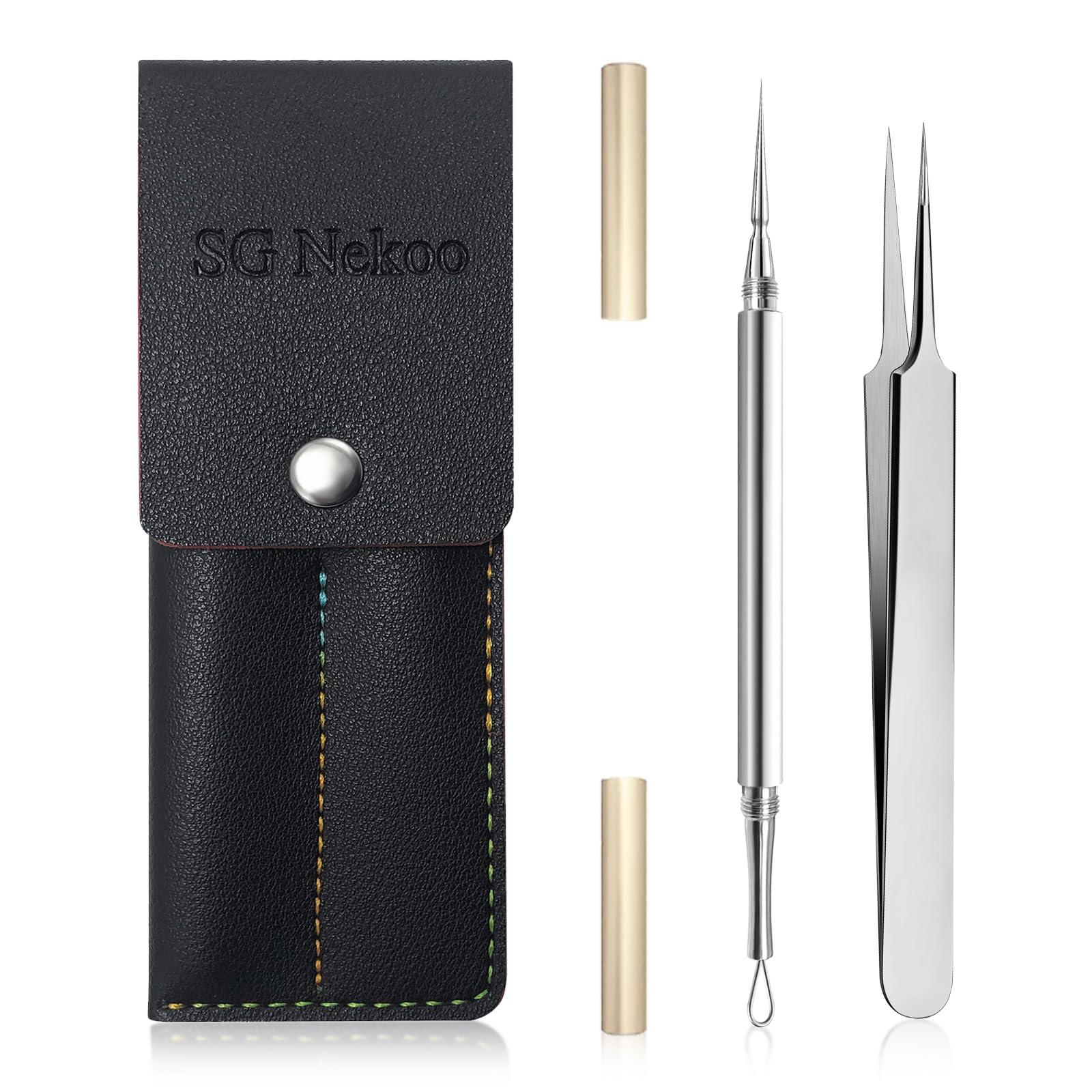 SG Nekoo SGNEKOO Professional Facial Milia Removal Tool and Whitehead Extractor,Titanium Alloy Double Ended Needle and Steel Tweezers Kit,Blackhead,Blemish,Zit and Pimple Acne Remover Popper (Titanium Gold)
