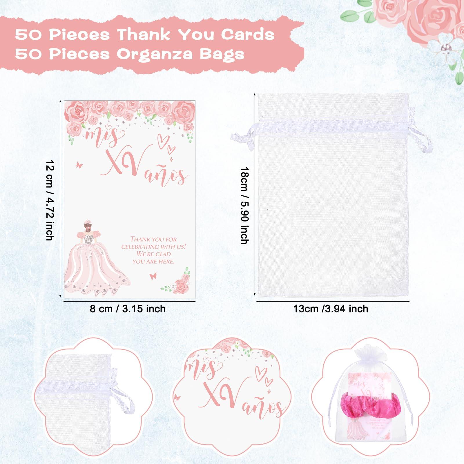 Thiccywoov Thiccywoov 50 Sets Quinceanera Party Favors for Guests - 50 Scrunchies, 50 Thank You Cards, 50 Organza Bags for Sweet 15 Birthday