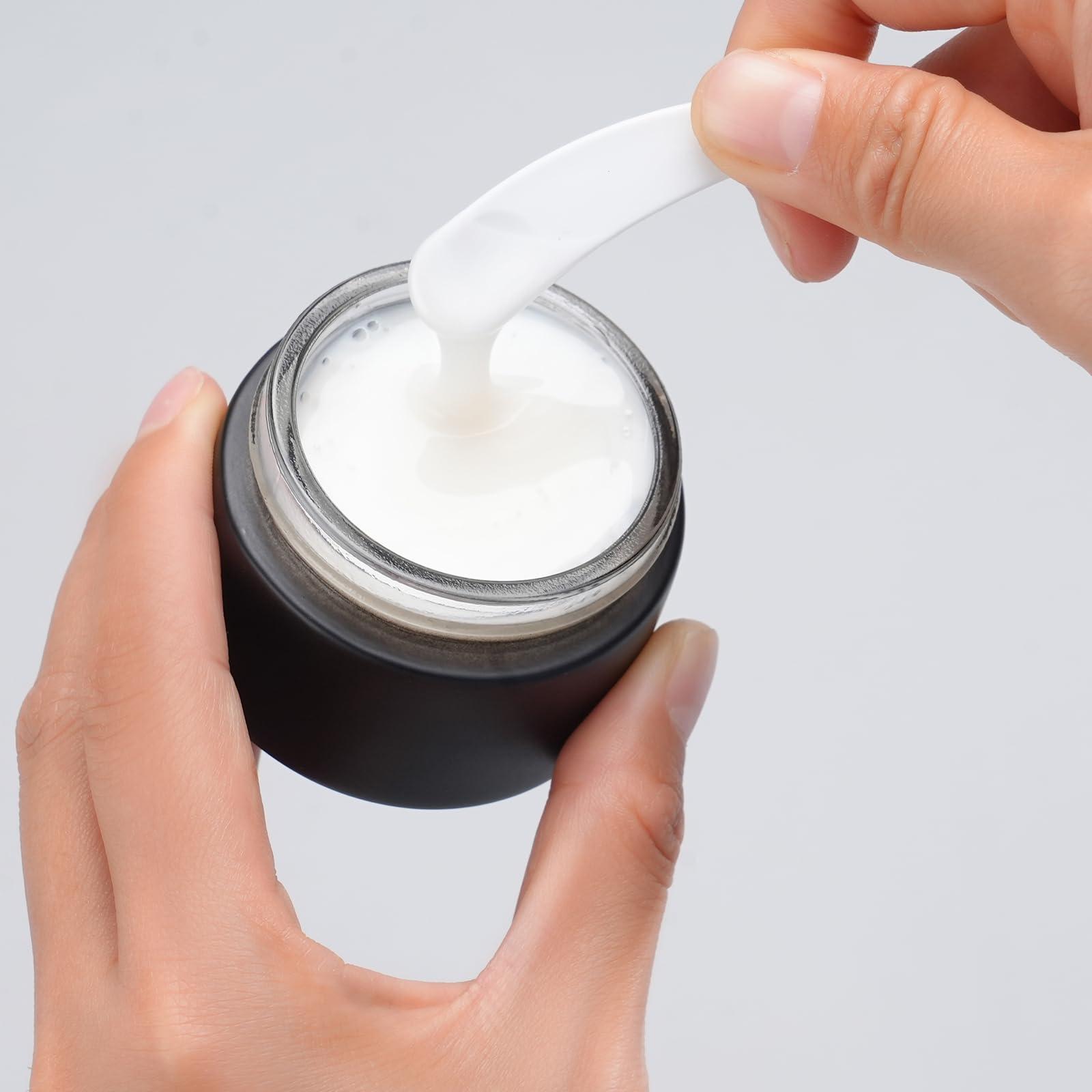 Over News OverNews 4PCS 1oz Glass Jar, Empty Small Cosmetic Lotion Containers,with Inner Liners,Black Lid, Spatula (Black)