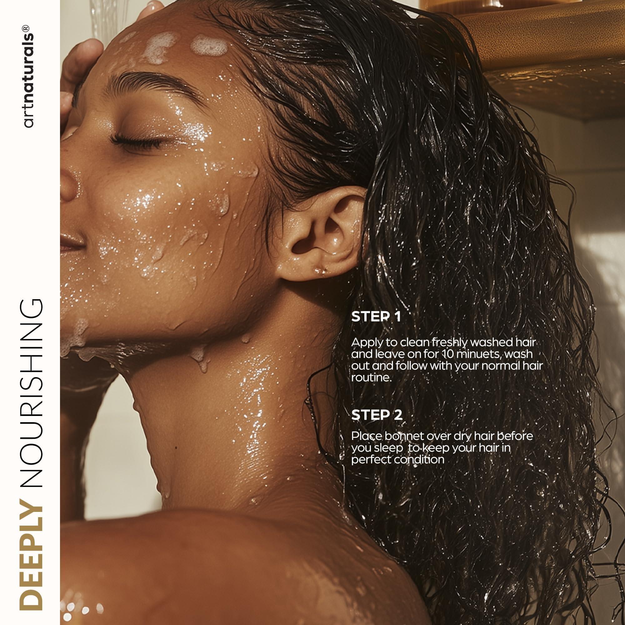 Artnaturals Hair Mask + Silk Bonnet for Sleeping Women Set - Deep Conditioner & Leave-In Conditioner for Dry, Damaged Hair - Argan Oil, Jojoba, Aloe & Keratin - Satin Bonnet for Sleeping, Repair & Hydrate (8 oz)