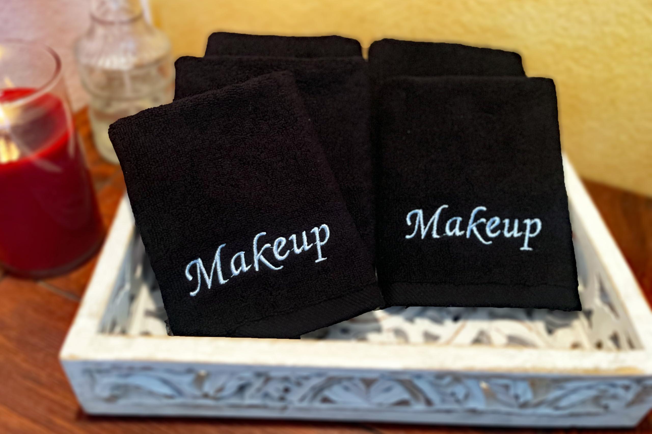 Liberty21 Makeup Remover Eraser Cloths. Reusable towel set. Facial Cleansing washcloths. 100% Cotton. Set of five. (Black & Blue Embroidery, 13 X 13)