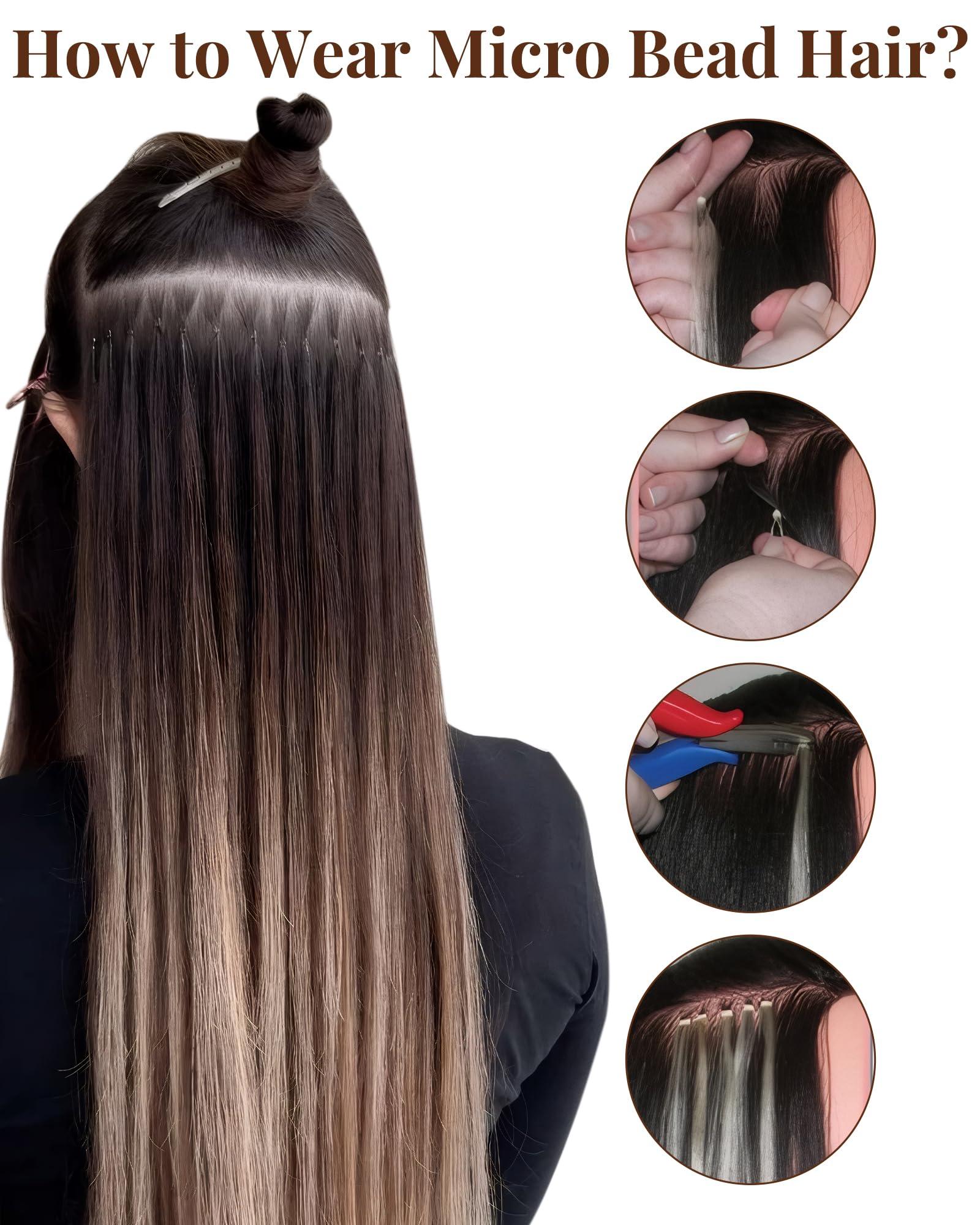 Hetto Hetto Micro Loop Hair Extensions Real Human Hair Ombre Black to Silver Remy Micro Beads Hair Extensions Natural Micro Link Hair Extensions Human Hair for Women 18 Inch 50g 50s