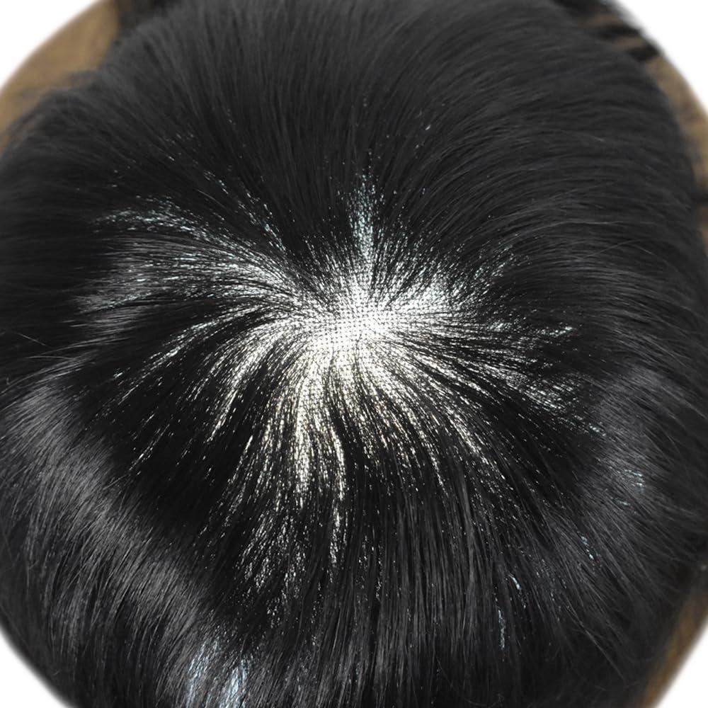 Hair Wonders Toupee For Men Real Human Hair Mens Toupee Hair Replacement System Swiss Lace Hair Piece For Men Hair System6x9\"-100% light to medium density1# JET BLACK