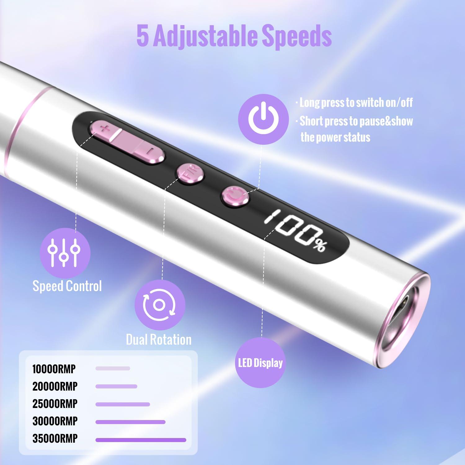 Denabuty Denabuty Cordless Electric Nail Drill Machine, 13 in 1 Nail File Kit 35000RPM Professional Portable Rechargeable E File for Acrylic Polish Gel Removal Manicure Pedicure Set with 5 Speeds DN-2402