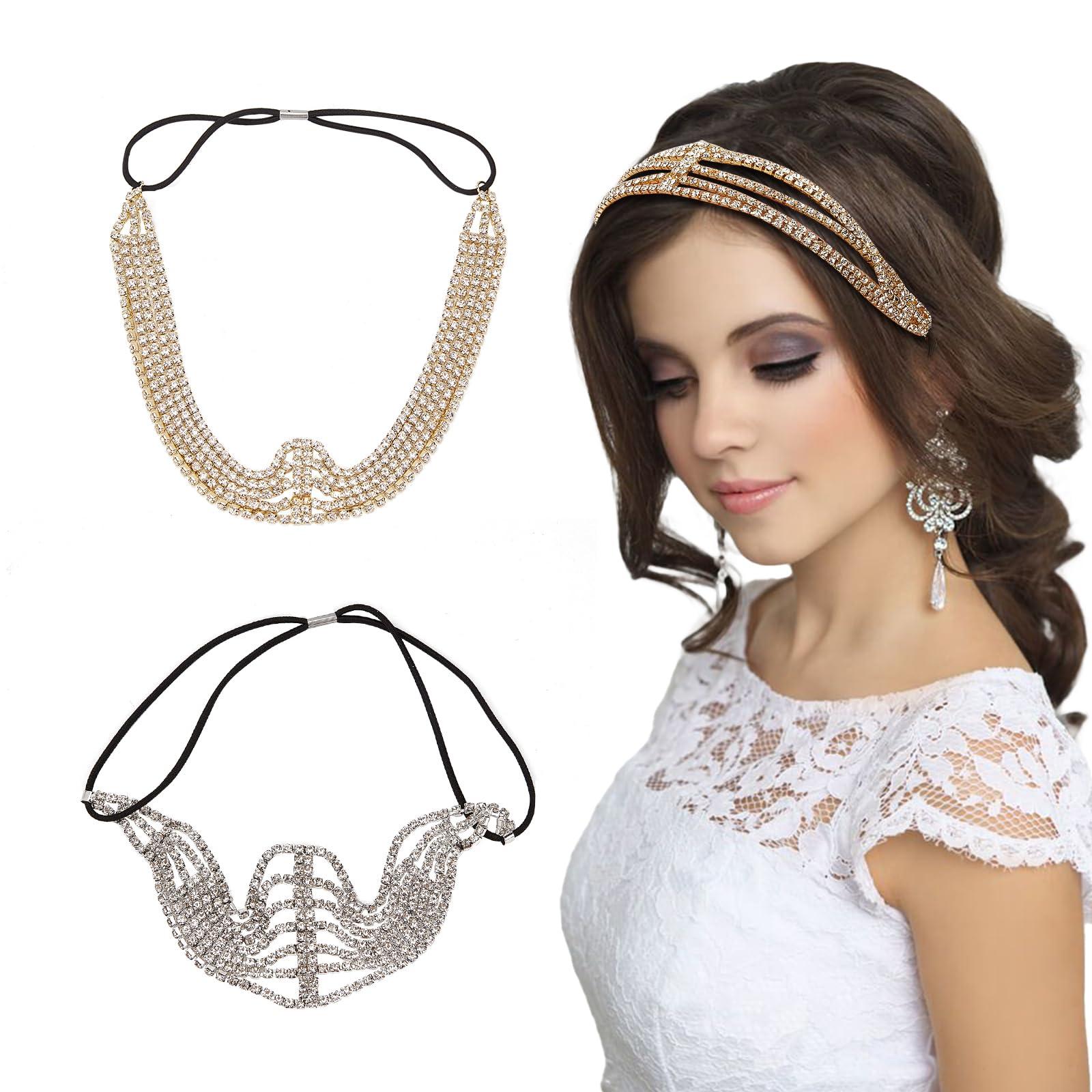 NICENEEDED NICENEEDED 2Pcs Multi Layered Elastic Headband with Rhinestone, Stretchable Gold Silver Headpiece, Bling Crystal Stretchy Jewelry Hair Bands Accessories for Women