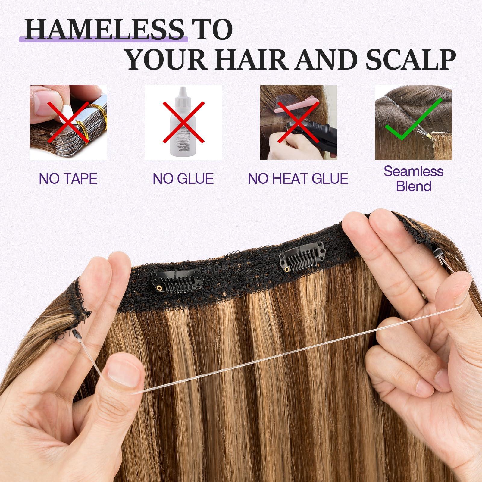 prokyvity Halo Hair Extensions Real Human Hair,Prokyvity 100% Human Hair Halo Extension,Halo Extensions Real Human Hair,Halo Hair Extension,Halo Hair 4P27 Medium Brown Mixed Dark Blonde 16inch