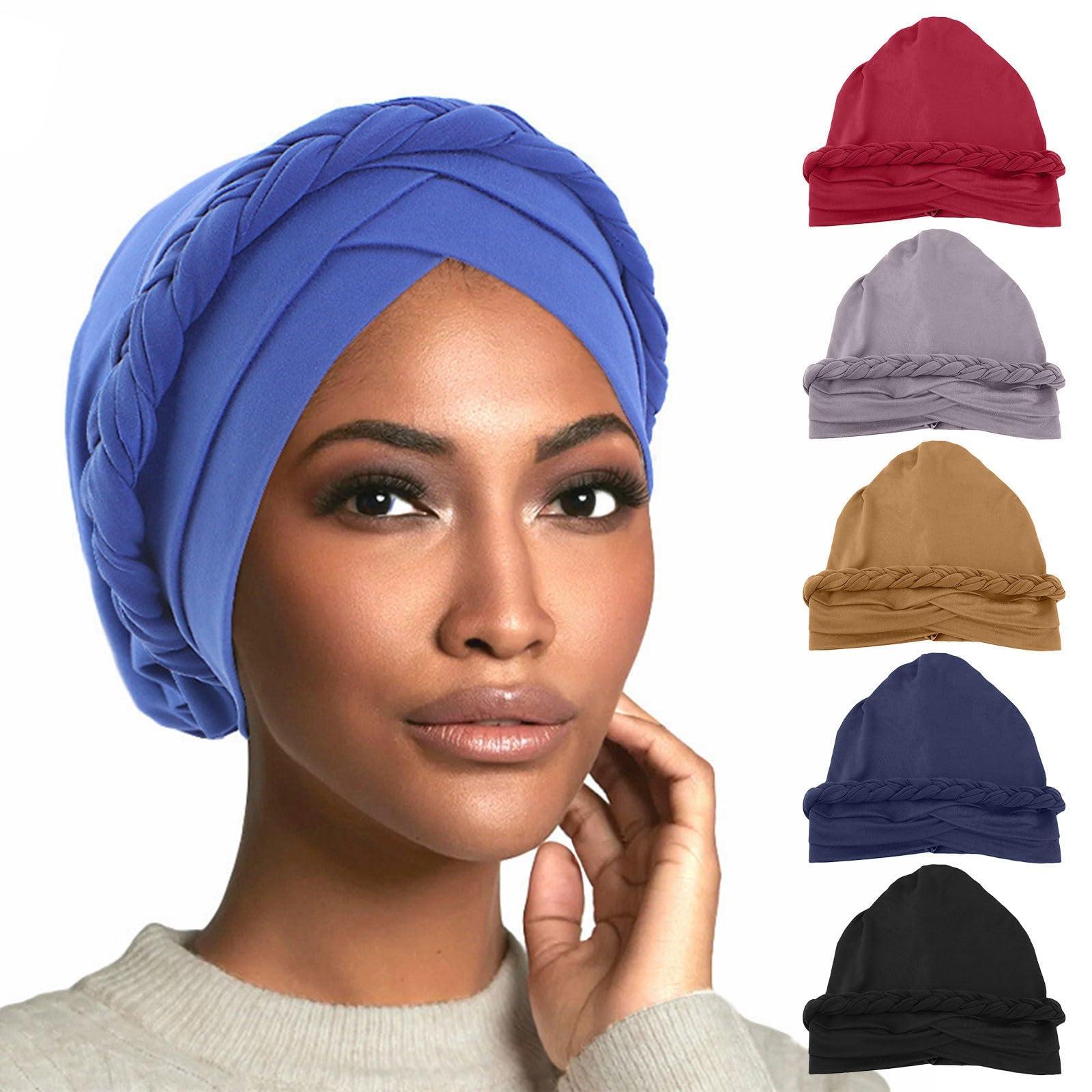 Generic Women African Turban Head Wraps Caps Twisted Braid Beaded Elastic Wrap Cap Headwrap Cancer Hair Cover Hair Loss (Khaki, One Size)