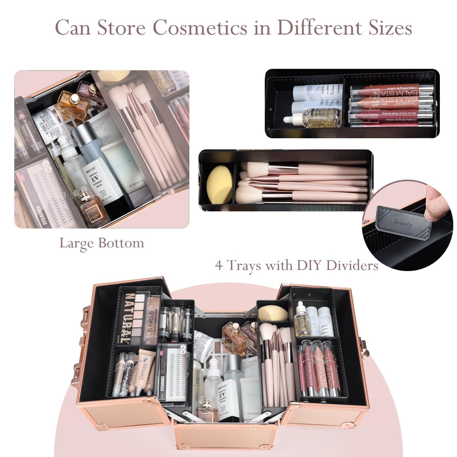 FRENESSA FRENESSA Makeup Train Case Makeup Case Travel Cosmetic Box Organizer Portable Make Up Box with Dividers Lockable for Artist Nail Sewing Vanity Storage Makeup Travel Case Rose Gold