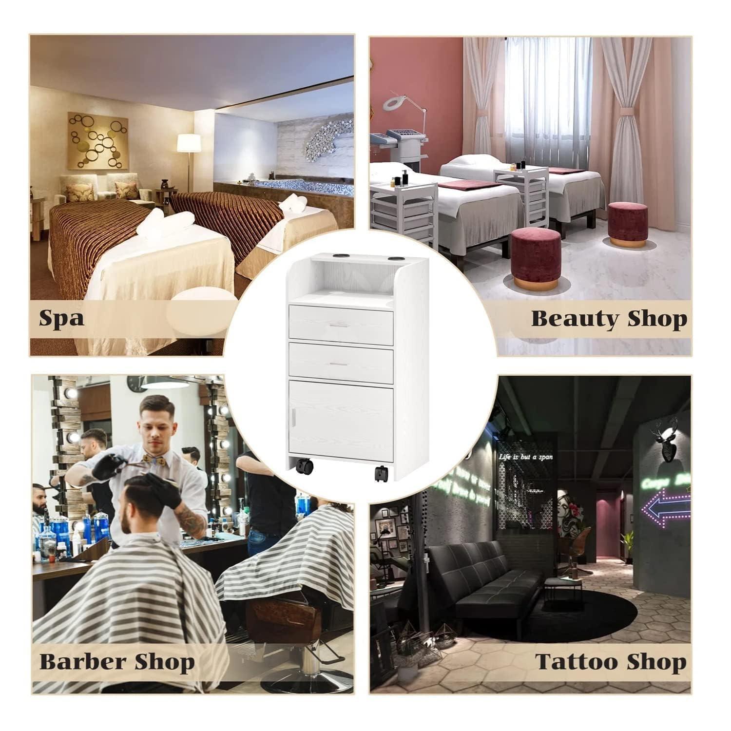 4ever2buy Beauty Salon Station, Rolling Beauty Station for Hair Stylist, Hair Salon Station Storage Cabinet with Wheels, Salon Table with 2 Drawers, Stylist Storage Cabinet with 2 Hair Dryer Holders (White)