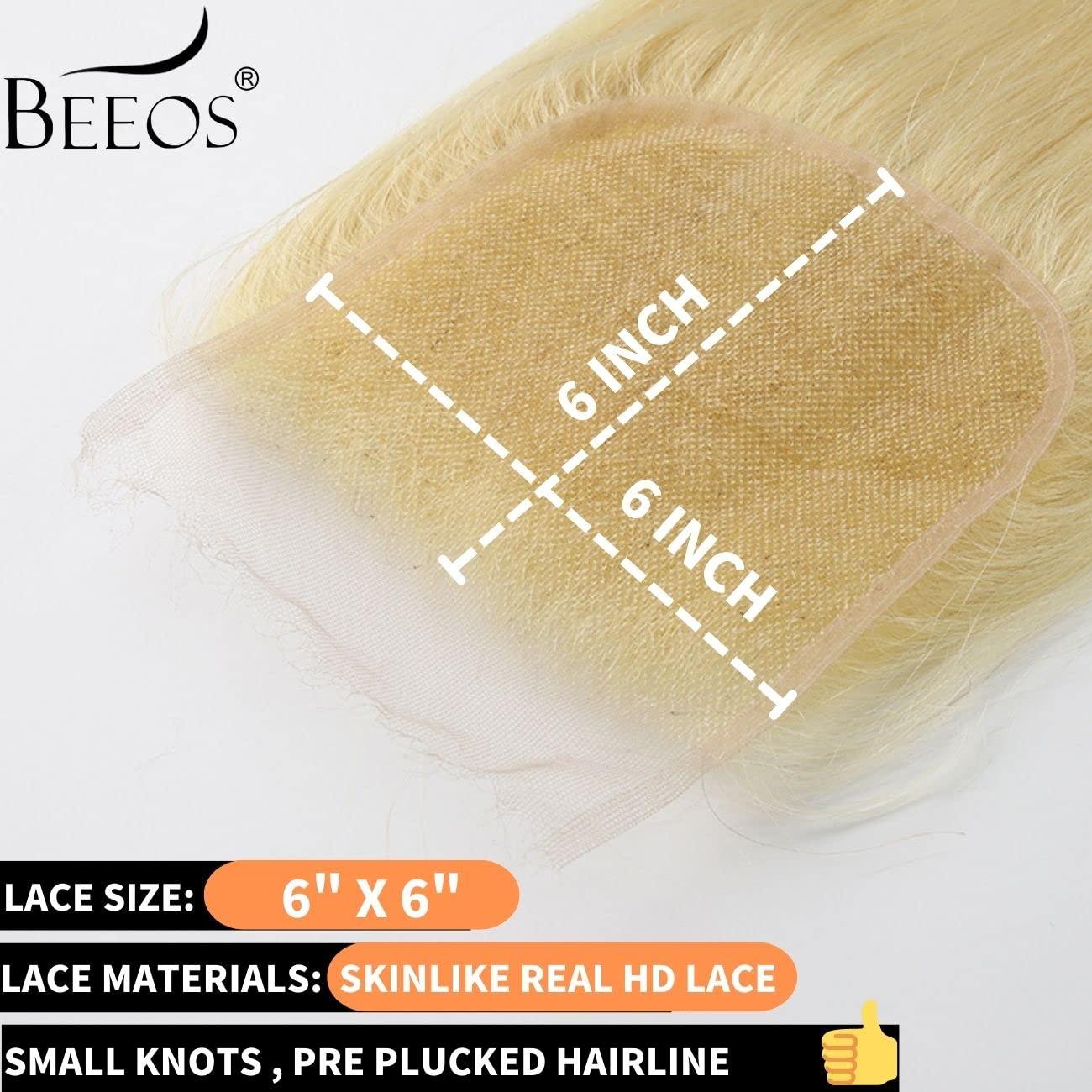 BEEOS BEEOS 6x6 HD Lace Closure Only, 613 Blonde 0.10mm Ultra-thin Invisible Swiss Lace Pre Plucked Straight Human Hair Closure 20 Inch