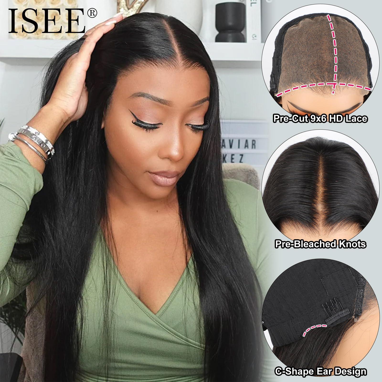 ISEE ISEE HAIR Straight Wear Go Glueless Wig Human Hair Pre Plucked Pre Cut 9x6 HD Lace Pre Bleached Tiny Knots Human Hair Wigs For Women 24 Inch
