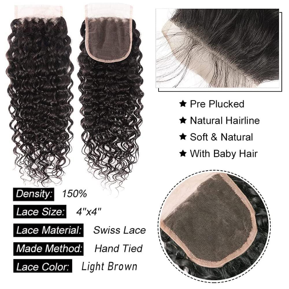 Beautymoon Beautymoon Water Wave Bundles With Closure Human Hair (12 14 16+10) Wet and Wavy Closure with Brazilian Virgin Hair with Baby Hair Free Part Closure Curly Human Hair Bundles Hair Extensions