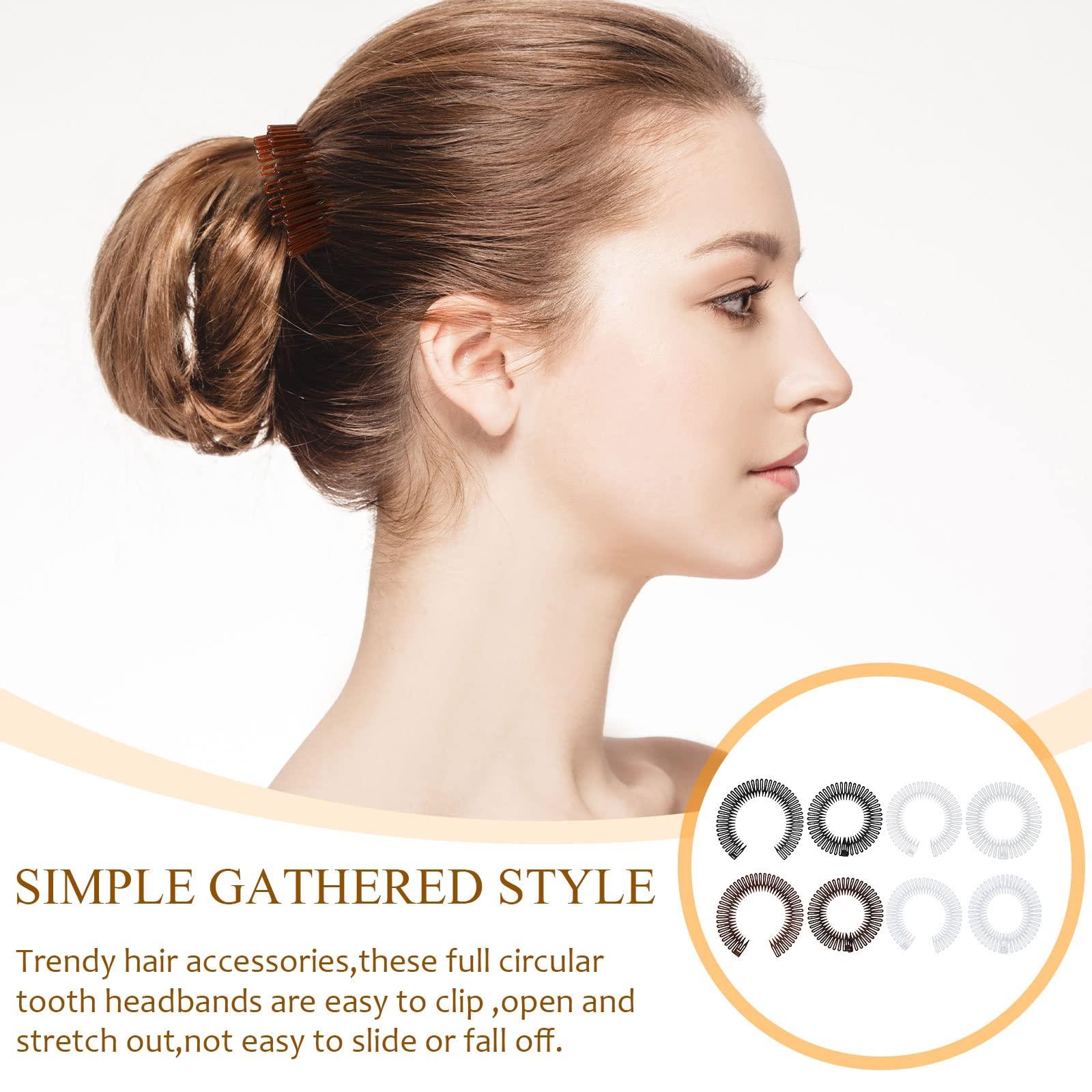 Potchen 20 Pcs Full Circular Stretch Comb Flexible Circle Comb Circular Plastic Headband with Teeth 90s Hair Accessories Hairband Holder for Women Girls Yoga Sports (Black, Coffee, Clear, White)