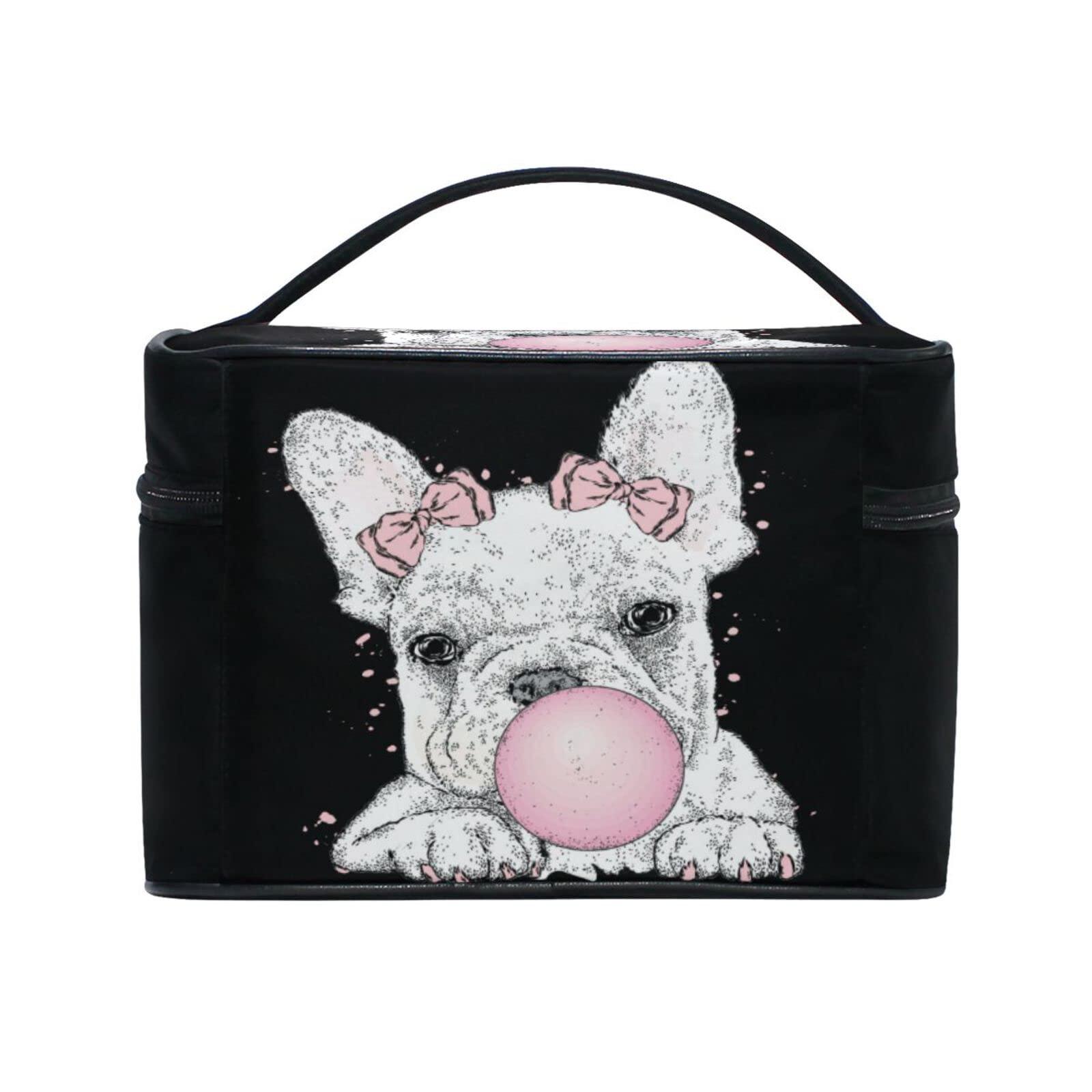 ZOEO ZOEO Makeup Train Case Pink Bulldog Puppy Bubbles Korean Carrying Portable Zip Travel Cosmetic Brush Bag Organizer Large for Girls Women