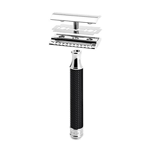 M MÜHLE MÜHLE Black/Chrome Silvertip Fiber Safety Razor (Closed Comb) Shaving Set - Perfect for Every Day Use, Barbershop Quality Close Smooth Shave