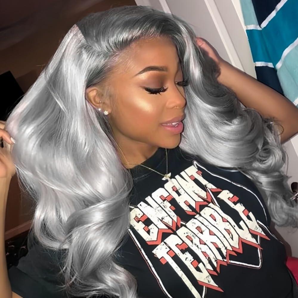 FENJUN HAIR FENJUN HAIR Ombre Silver Grey Wig Human Hair Dark Roots Wet and Wavy Lace Front Wigs for Black Women Body Wave Ash Blonde Wig Glueless Pre plucked Ombre Gray Wigs for White Women 150% Density 14 Inch