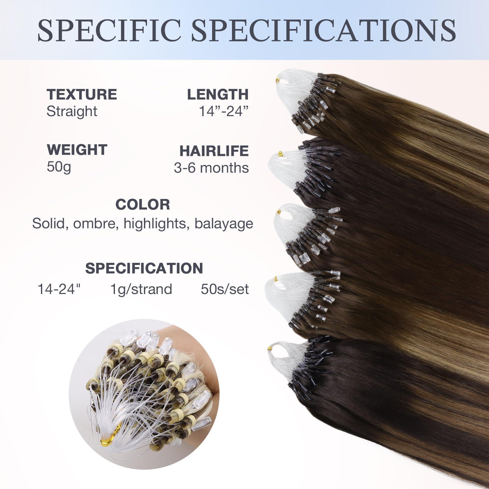 DOORES DOORES Hair Extensions Micro Link Hair Extensions Human Hair Virgin Hair, Ash Brown to Platinum Blonde 14 Inch 50g/50s, Micro Link Hair Extensions Short Human Hair