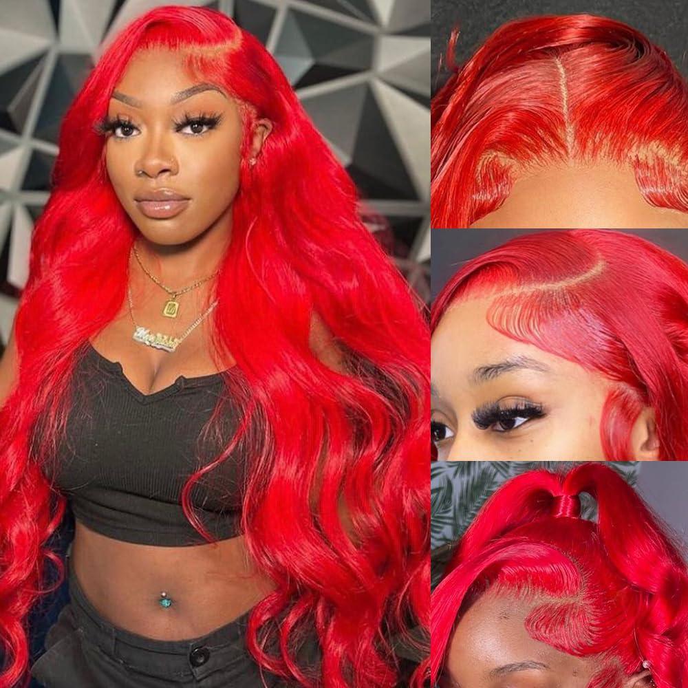 Avolo Avolo 13x4 Red Human Hair Wigs 32 Inch Red Colored Human Hair Lace Front Wigs Body Wave Red Lace Front Wig Human Hair Pre Plucked Red Wig Human Hair With Baby Hair 180% Density Glueless Wig