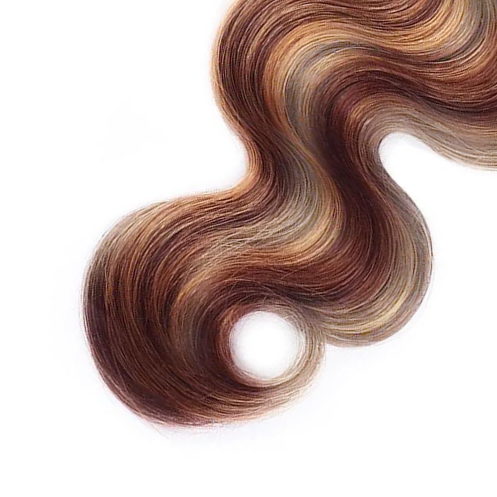 AuokMar Highlight Bundles Human Hair P33/613 Body Wave Bundles 8A Peruvian Virgin Hair 3 Bundles 14 16 18 Inch Reddish Brown Mixed With 613 Blonde Body Wave Bundles Hair Extensions 300g