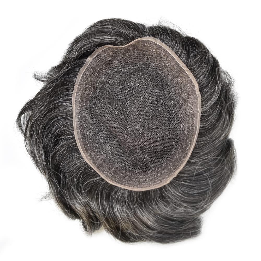 Hair Wonders Toupee For Men Real Human Hair Mens Toupee Hair Replacement System Swiss Lace Hair Piece For Men Hair System6x9\"-100% light to medium density#1B30 1B# OFF BLACK+30% GREY