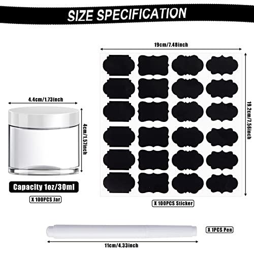 Potchen Potchen 100 Set Plastic Jars Makeup Travel Makeup Container with Lids Slime Storage Containers for Creams Toiletries Small Containers with Lids Chalkboard Label Stickers Marker (White, 1 oz)
