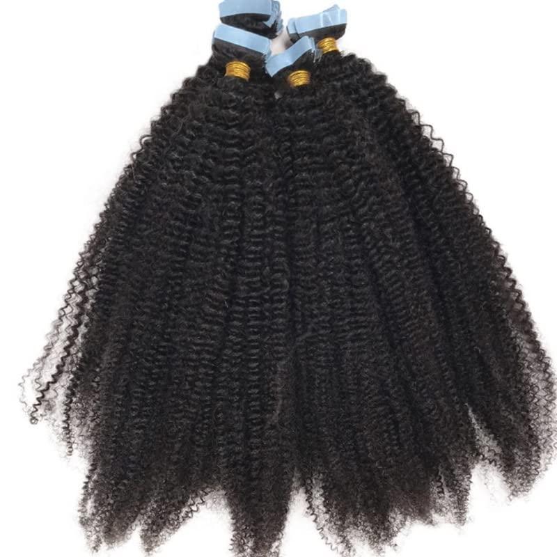 RJ HAIR RJHAIR 4B 4C Kinky Curly Tape In Human Hair Extensions Skin Weft Adhesive Invisible Mongolian Afro Curly Hair 40pcs/100g (16inch 40Pcs, #4(Dark Brown))