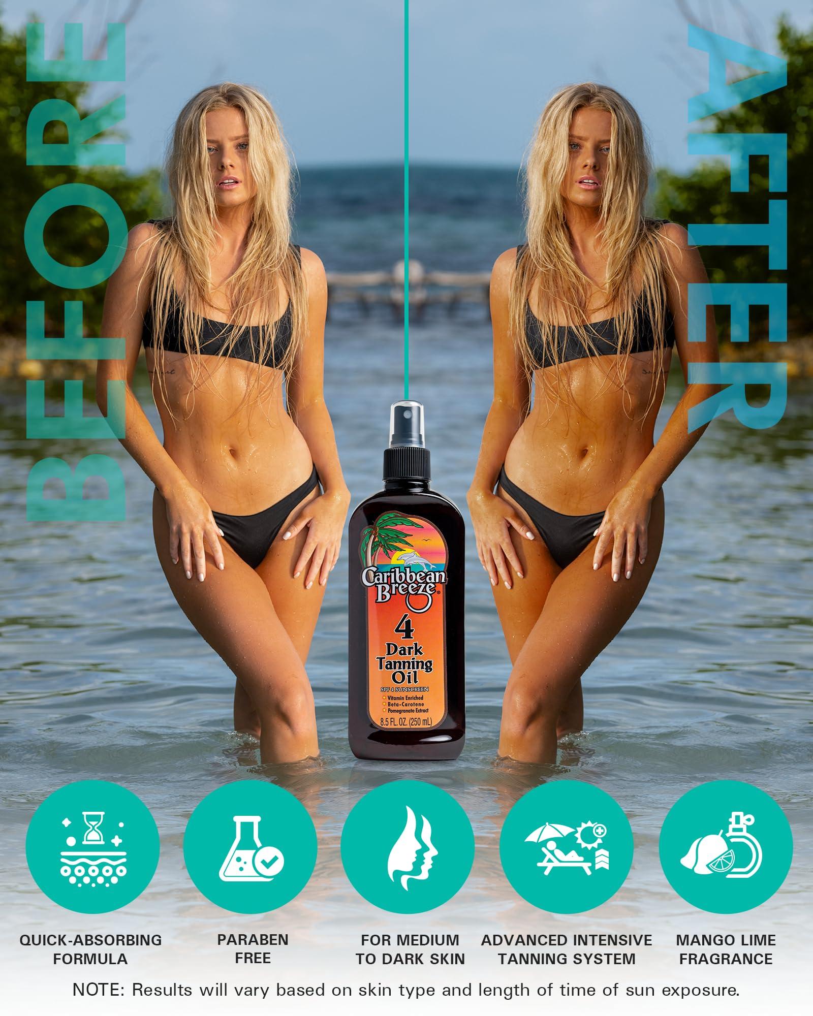 Caribbean Breeze Caribbean Breeze SPF 4 Dark Tanning Oil Intensifier, Tanning Accelerator Outdoor with Mango Lime Fragnance, Rich in Anti Oxidants, Beta-Carotene, and Pomegranate Extracts, 8.5 oz (250 ml)